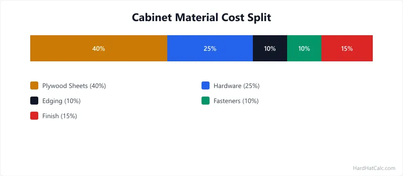 Exploded diagram of a base cabinet box showing sides, bottom, back panel, face frame, shelf, and drawer slides with plywood sheet dimensions.