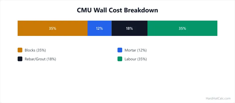 Cross-section diagram of a concrete block wall showing CMU blocks, mortar joints, rebar grouting, and footing connection.