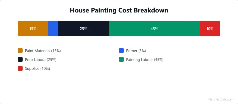 Stacked bar chart breaking down house painting costs into paint materials, primer, supplies, prep labour, and painting labour as a percentage of total project cost.
