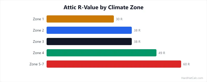 Map of US climate zones 1 through 7 with recommended wall and attic R-values for each zone per IECC 2021 energy code requirements.