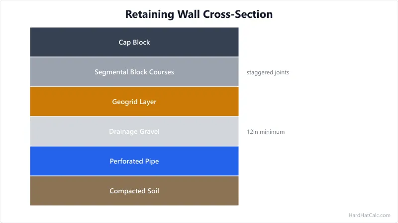 Cross-section of a segmental retaining wall showing block courses, geogrid layers, drainage gravel backfill, perforated drain pipe, and compacted soil.