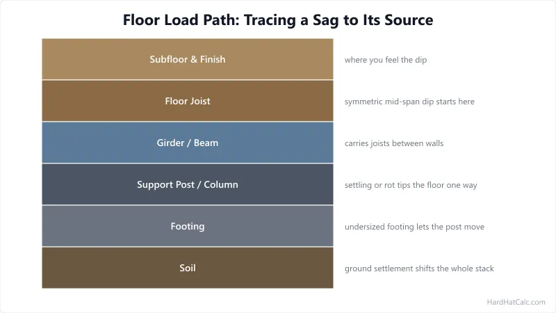 Cross-section tracing a floor sag down the load path from subfloor and joist to girder, support post, footing, and soil.