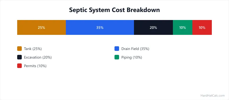 Cross-section diagram of a complete septic system showing inlet pipe, septic tank with baffles, distribution box, drain field trenches with gravel and perforated pipe, and soil absorption layers.