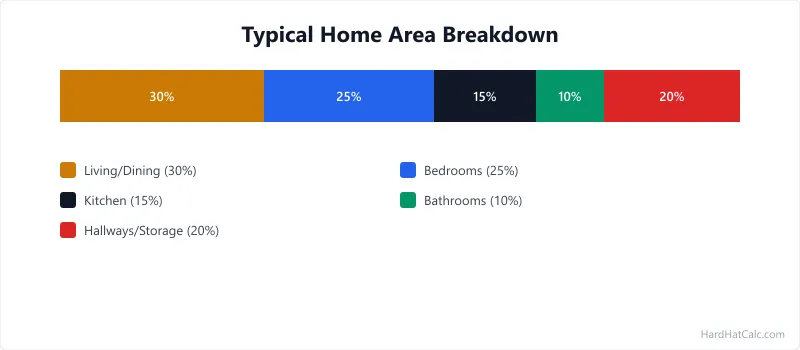 Colour-coded floor plan of a house with rooms shaded to show their percentage of total square footage, with a legend listing each room and its share.