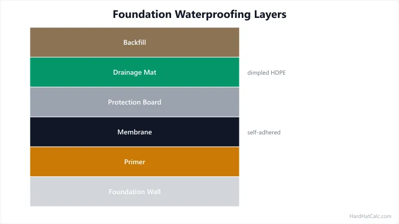 Cross-section of a below-grade foundation wall showing primer coat, self-adhered waterproofing membrane, protection board, drainage mat, and backfill in correct order.