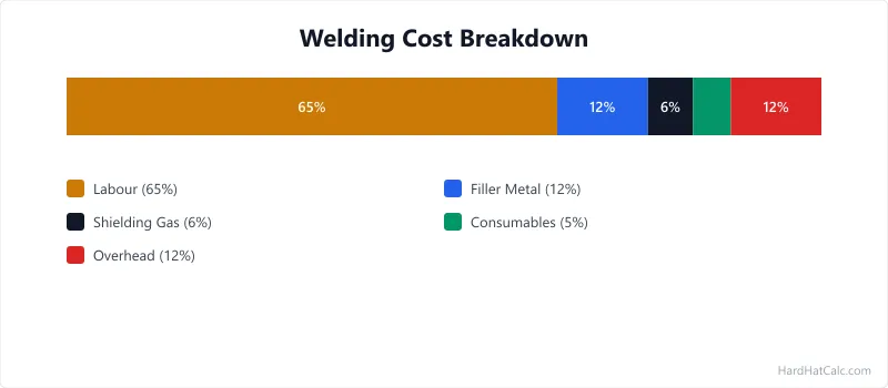 Pie chart showing typical welding cost breakdown: labour 60-70%, filler metal 10-15%, shielding gas 5-8%, overhead 10-15%, and consumables 5%.